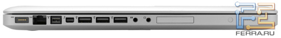 Левый торец Apple MacBook Pro 17: MagSafe, RJ-45, Thunderbolt, FireWire-800, три USB, аудио разъемы, ExpressCard/34