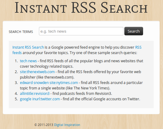 Главная страница сайта Instant RSS Search