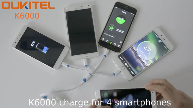 Видео: смартфон Oukitel K6000 одновременно заряжает Galaxy Note 4, iPhone 6, 6 Plus и Oukitel K4000 
