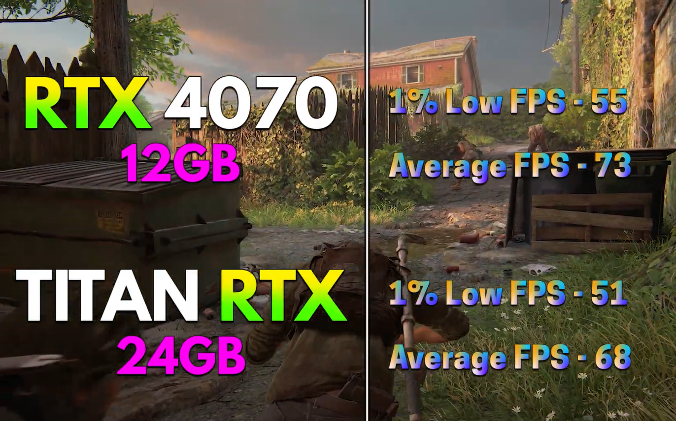 Новую RTX 4070 12 ГБ сравнили с б/у Titan RTX 24 ГБ (2018 г.) в играх